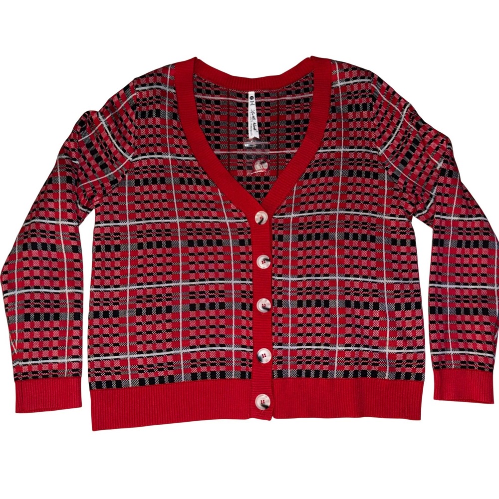 Leo Nicole‎ Red Black Plaid Cardigan V Neck Women's Sweater XL Petite